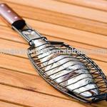 BBQ grill fish basket with wood handle