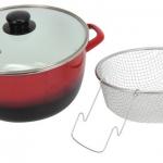 Wonderful double handle epoptic red cast iron enamel deep fryer,casserole BY-3811 with glass lid and stainless steel filter