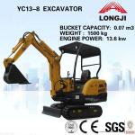 YUCHAI excavator YC13-8 rubber tracks mini excavator (Bucket Capacity: 0.07m3, Operating Weight: 1500kg)
