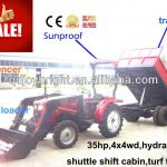 35HP farm tractor with front loader 4in1 bucket and backhoe,4cylinders,8F+2R shift,with Cabin,heater,fan,fork,blade