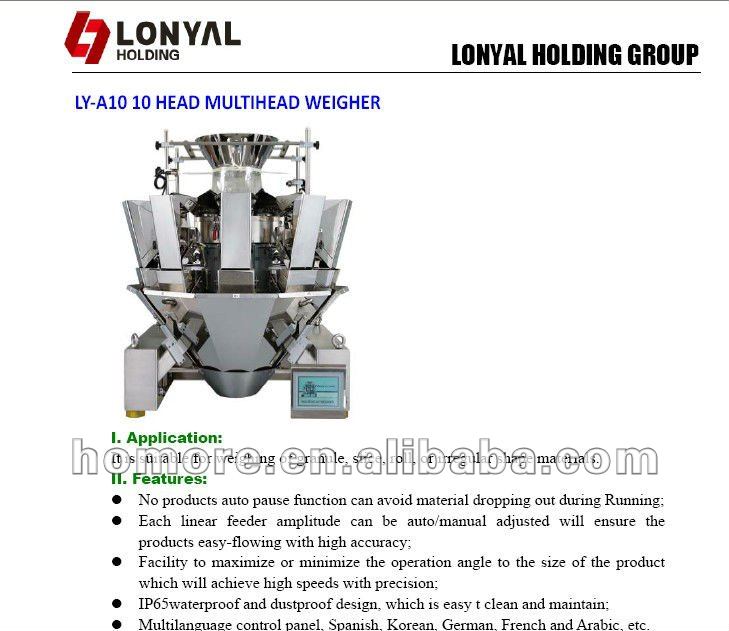 2012 Lonyal LY-A10 10 Head multihead weigher CE for 50kg sem-automatic potato chips production line
