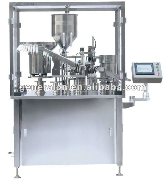 filling and closing machine for veterinary pharmaceutical syringes