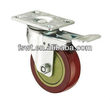 High Quality Medium Duty Polyurethane Purplish Red Single-Round Caster Wheel With Brake