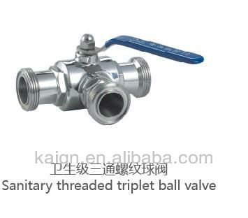 Sanitary three way threaded ball valve