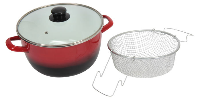 Wonderful double handle epoptic red cast iron enamel deep fryer,casserole BY-3811 with glass lid and stainless steel filter
